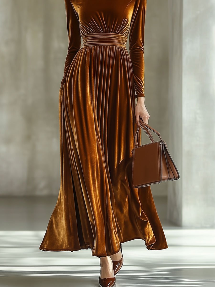[24-hour shipping out]Solid Color Simple Party Long Sleeve Half Turtleneck Maxi Dress