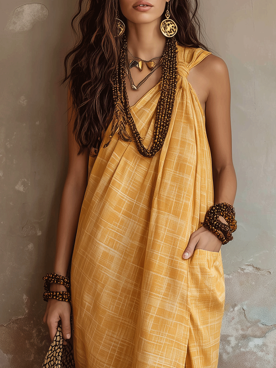 Chic Mustard Yellow Lightweight Relaxed Fit Resort Wrap Style Maxi Dress