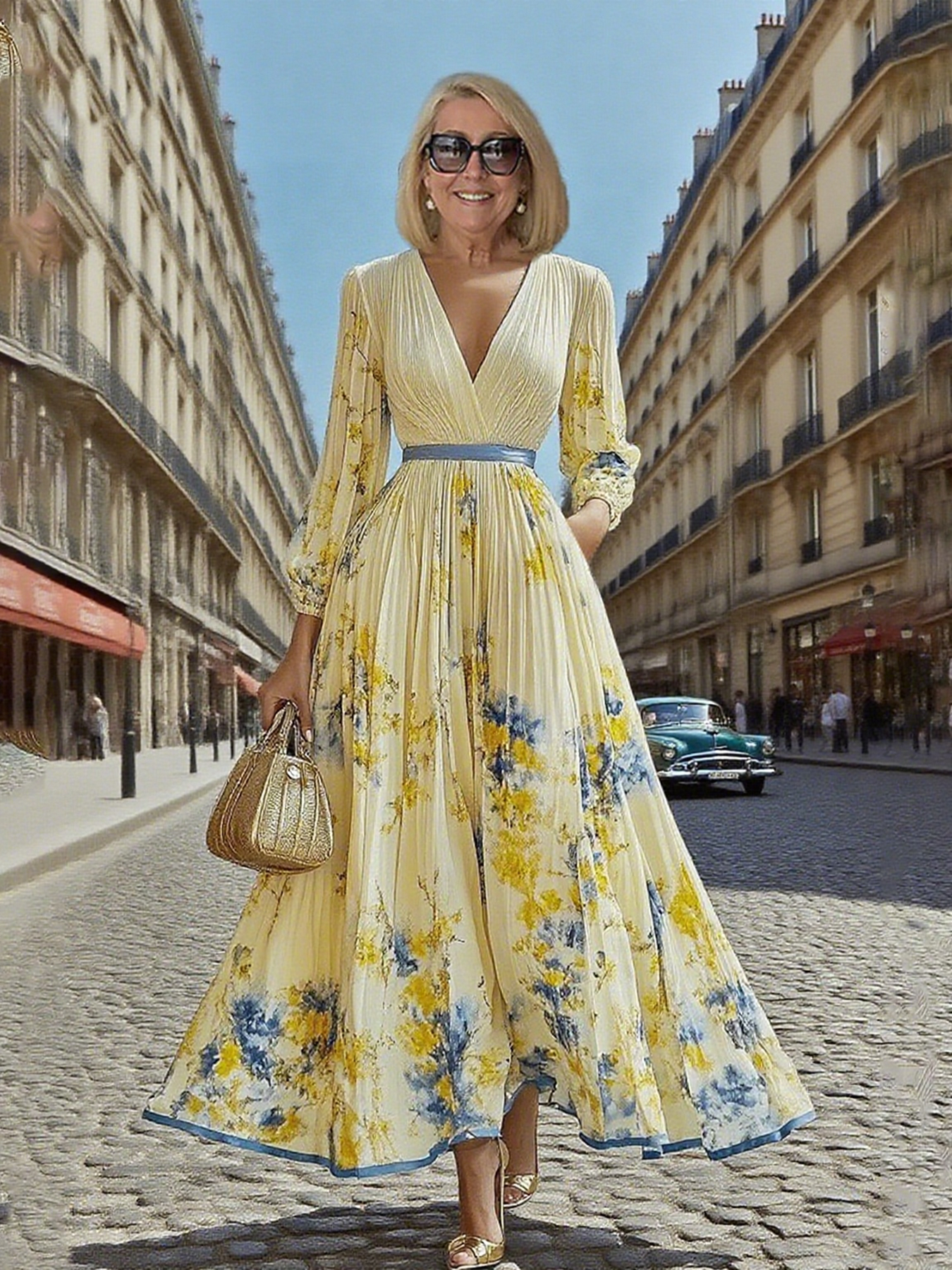 Gala Dress Digital Print V-neck Long Sleeves Pleats, Dress Long Dress