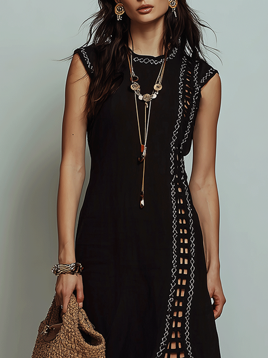 Effortless Coastal Elegance Black Crochet Trim High-Slit Midi Dress