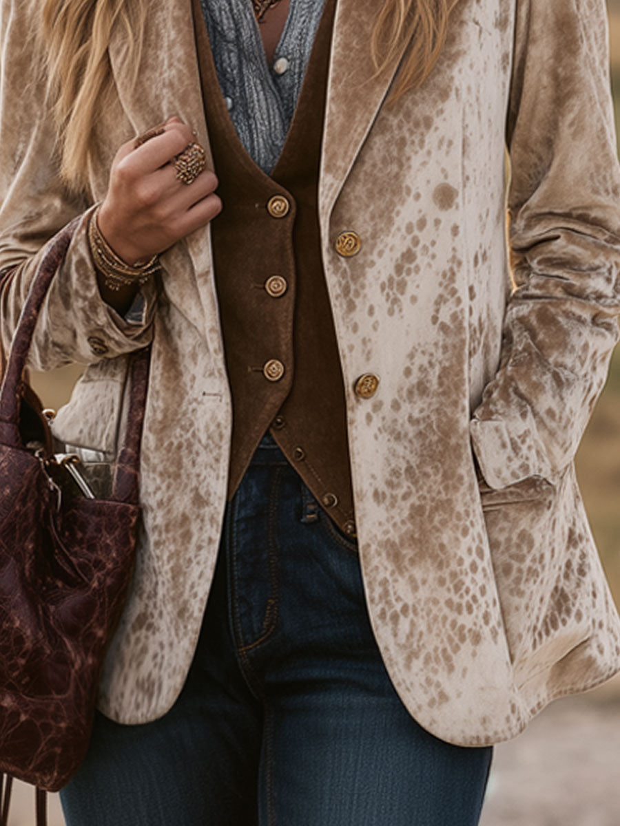Retro Western Nomadic Style Sika Deer Pattern Camel Velvet Blazer