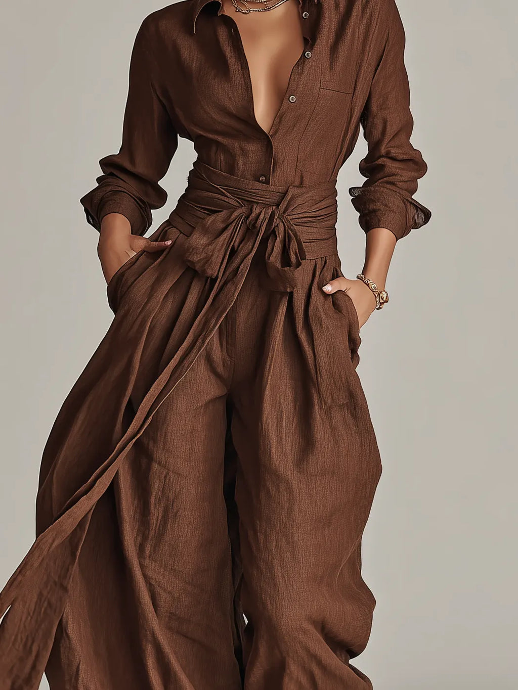 Women's Elegant Brown Woven Cotton-linen Long-sleeved Shirt Collar Jumpsuit With Belt MDA1965L9AN
