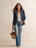 Effortless Chic Linen-Blend Notch-Lapel Gold-Button Navy Tailored Blazer