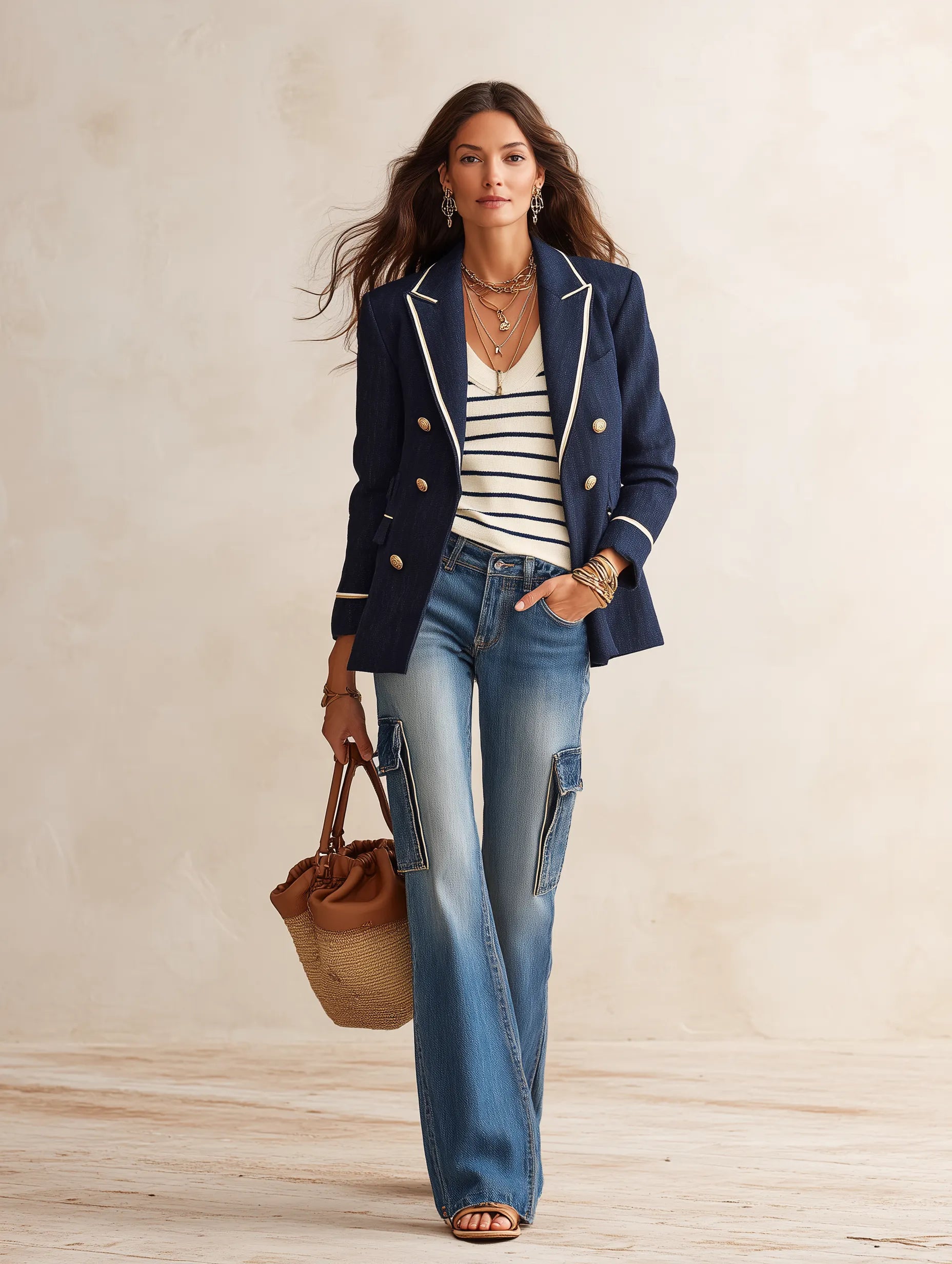 Effortless Chic Linen-Blend Notch-Lapel Gold-Button Navy Tailored Blazer