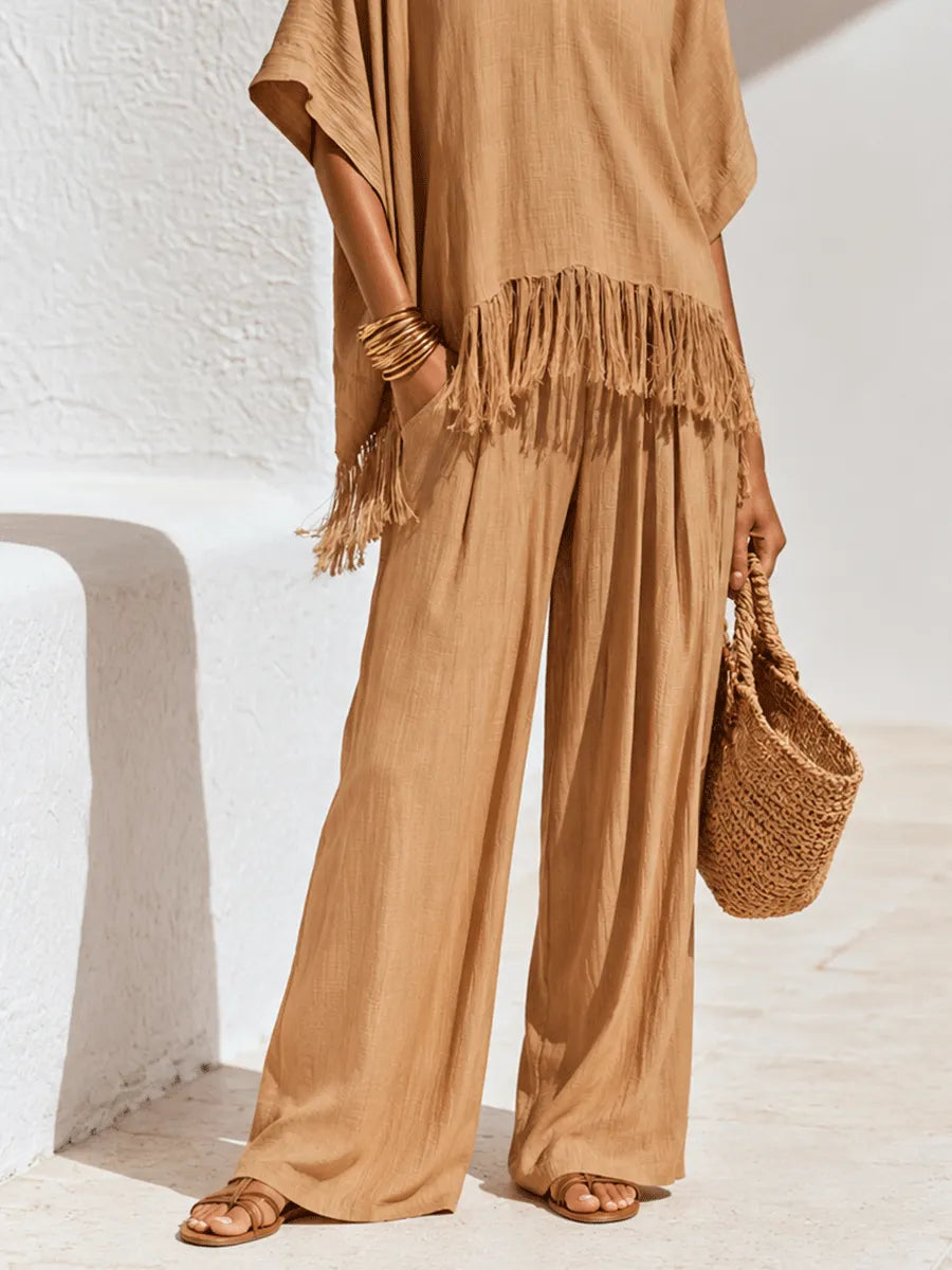 Bohemian Chic Textured Cotton Fringe Kaftan-Top Ginger Palazzo Set