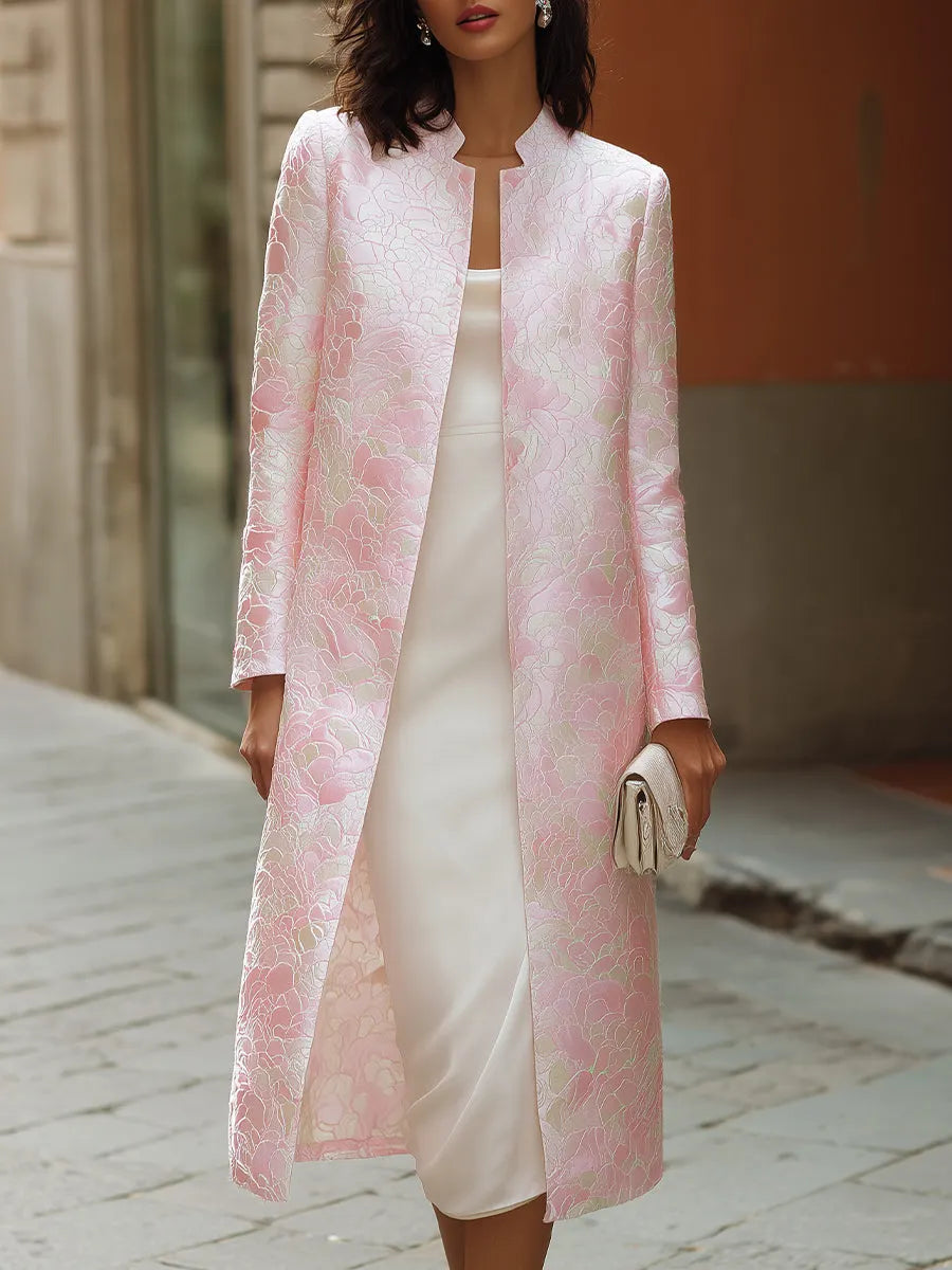 Elegant Pink Floral Jacquard Longline Coat