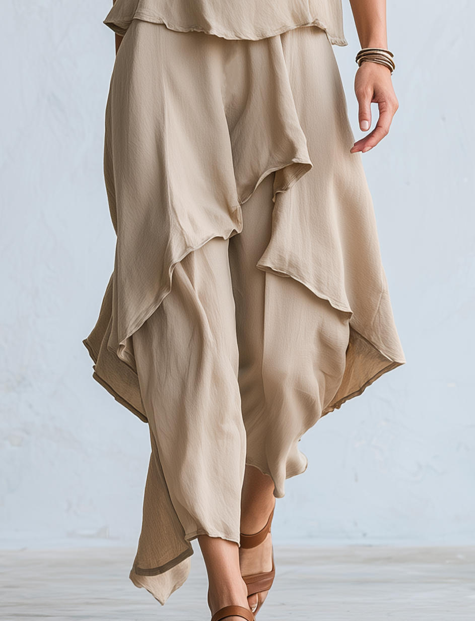 Minimalist Beige Layered Asymmetric Draped Midi Dress