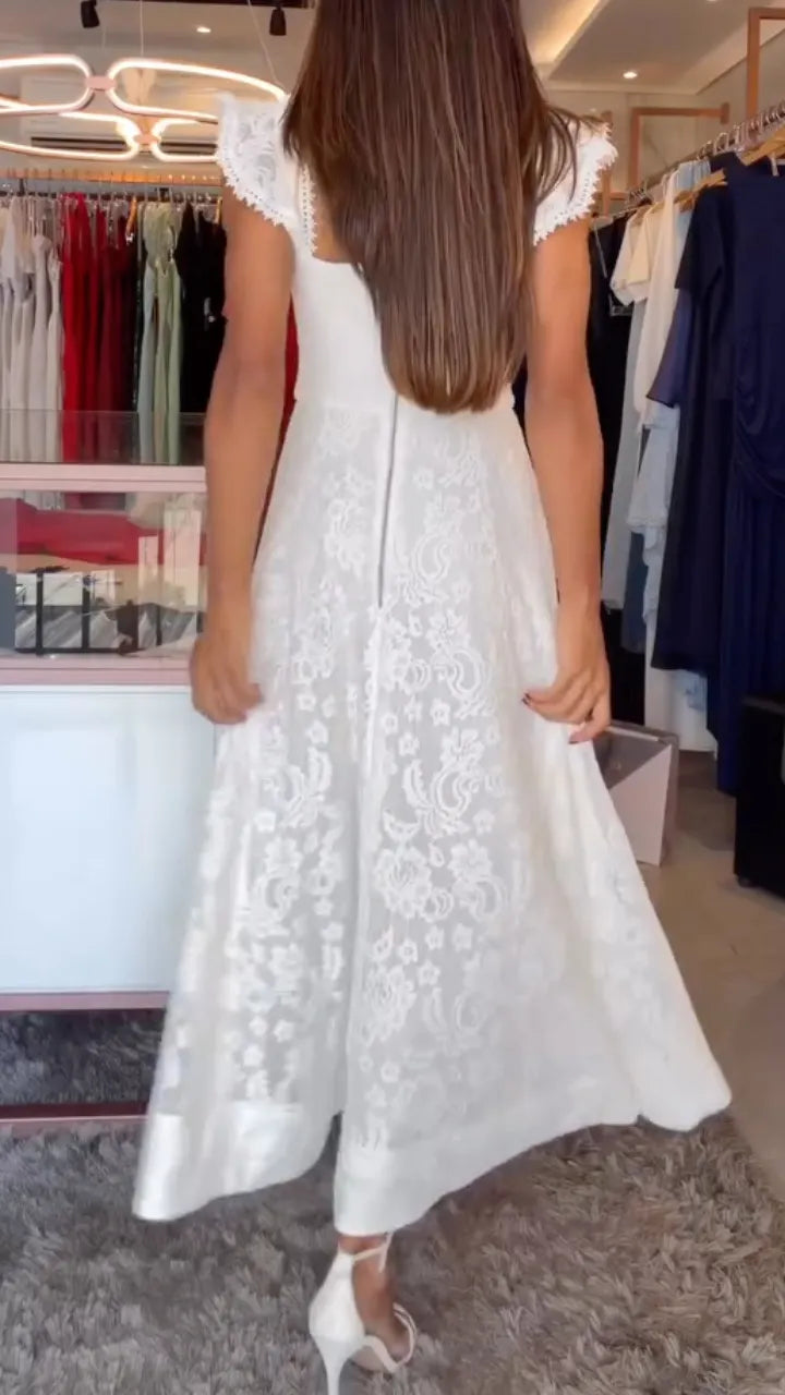 Lace Scallop Square Neck Pocket Flowy Maxi Wedding Dress