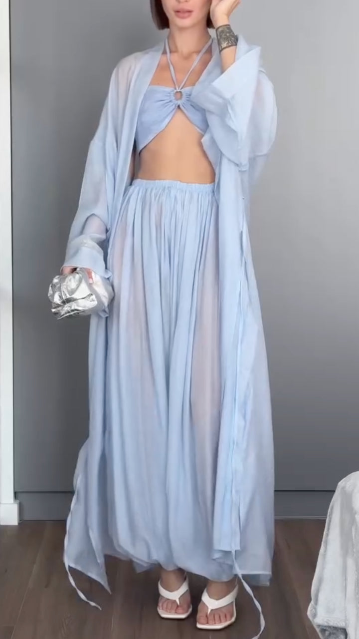 Halter Crop Top + Wide Leg Pants + Long Cardigan 3 Piece Set