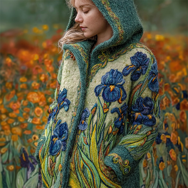 Vintage Irises Painting Embroidered Cozy Knit Hooded Cardigan