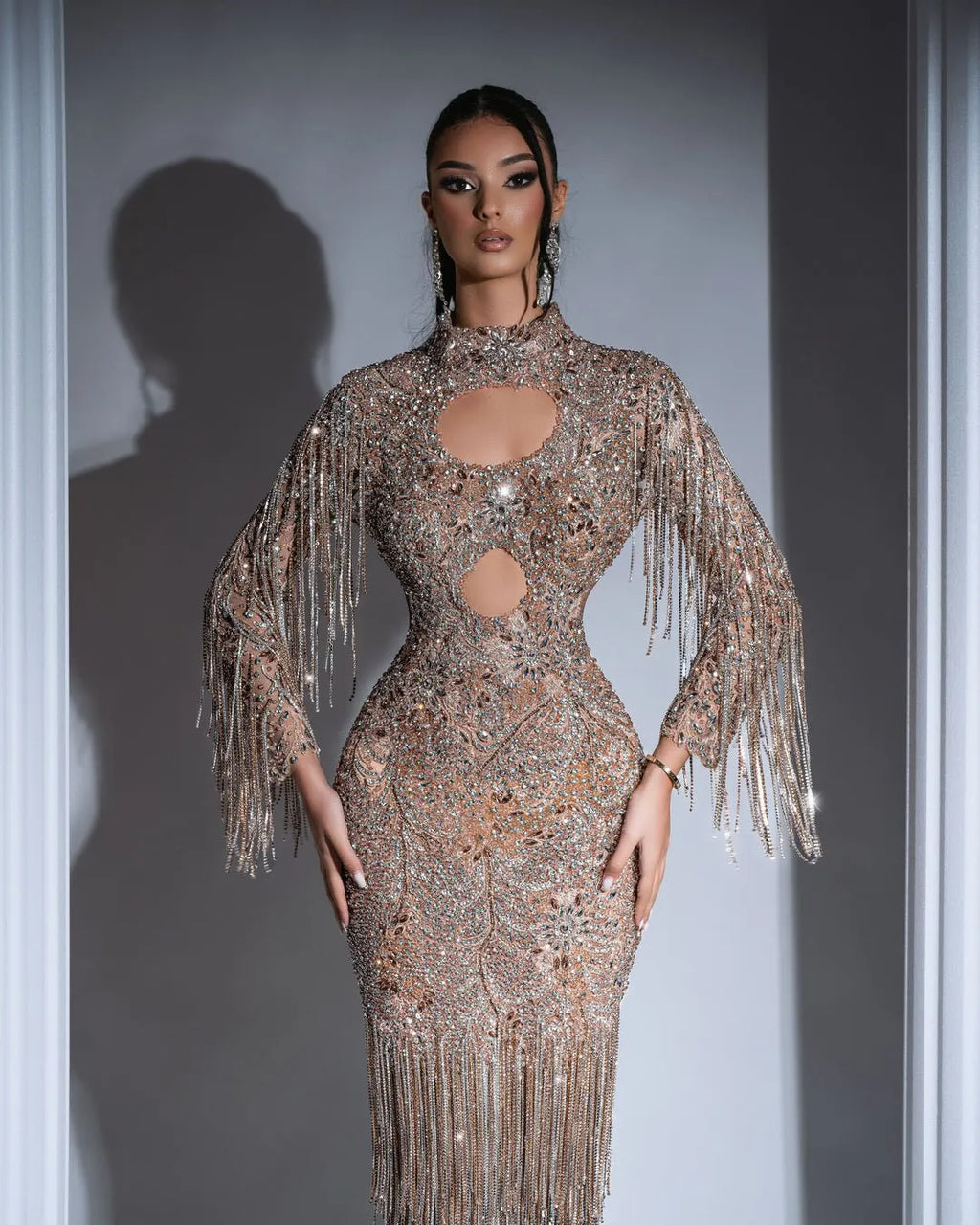 Lyana Gold Dress with Tassels and Crystals