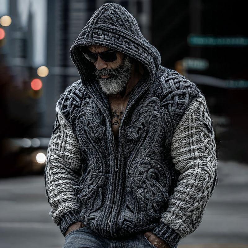 Men's Viking Dragon Totem Chunky Knit Hooded Cardigan