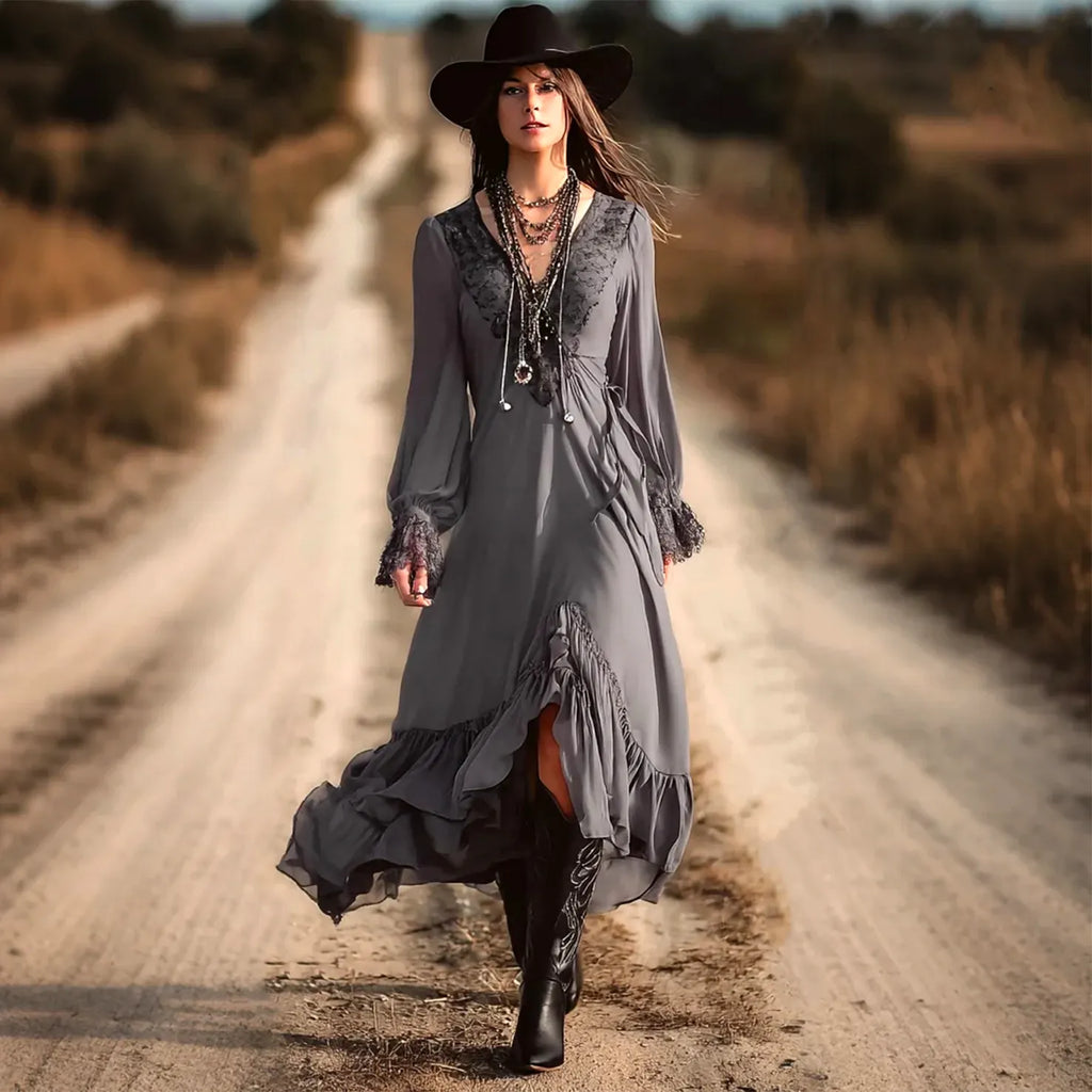 Women's Vintage Elegant Bohemian Gray Maxi Dress With Lace Details