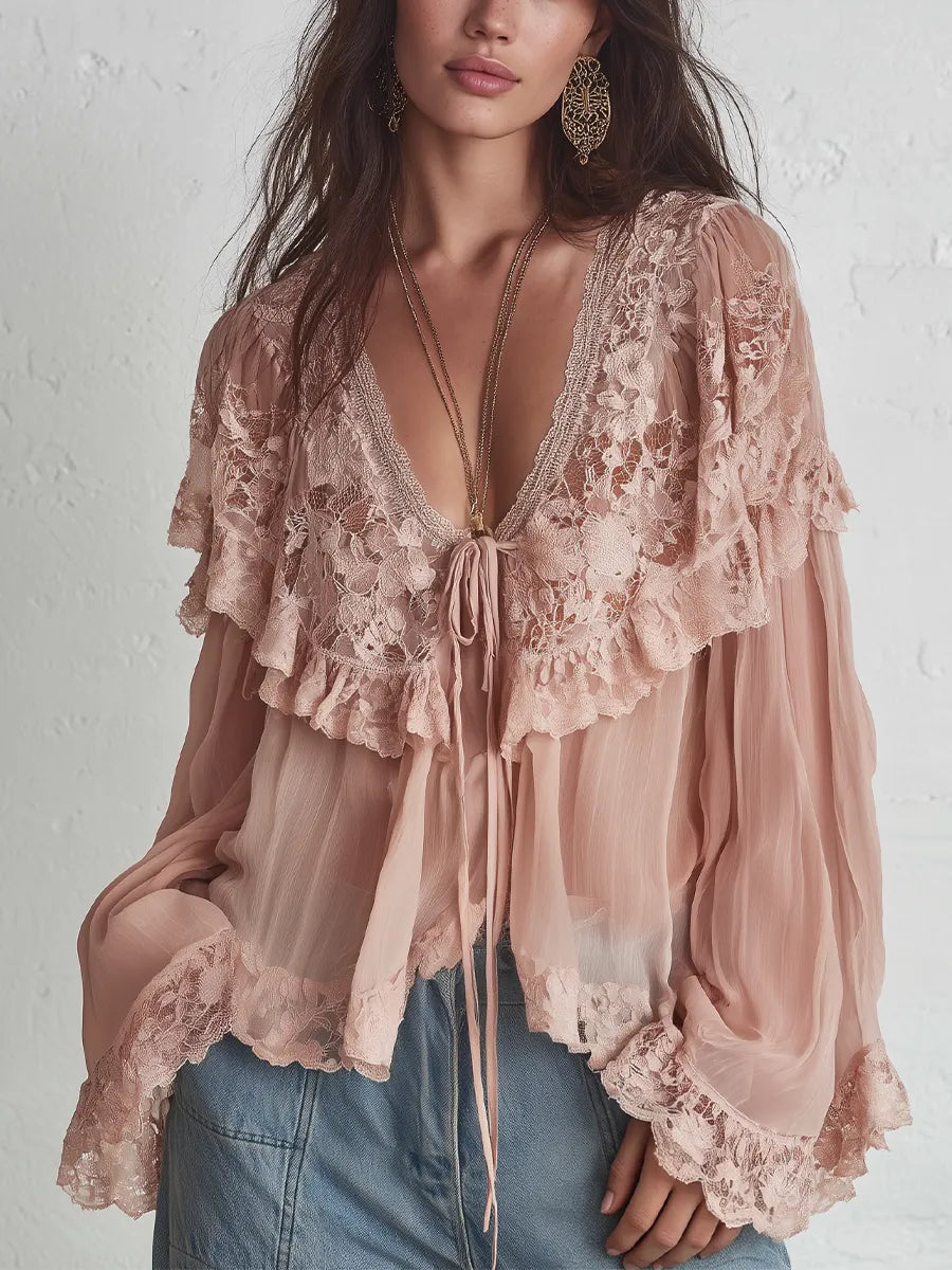 Elegant Blush Lace Chiffon Blouse