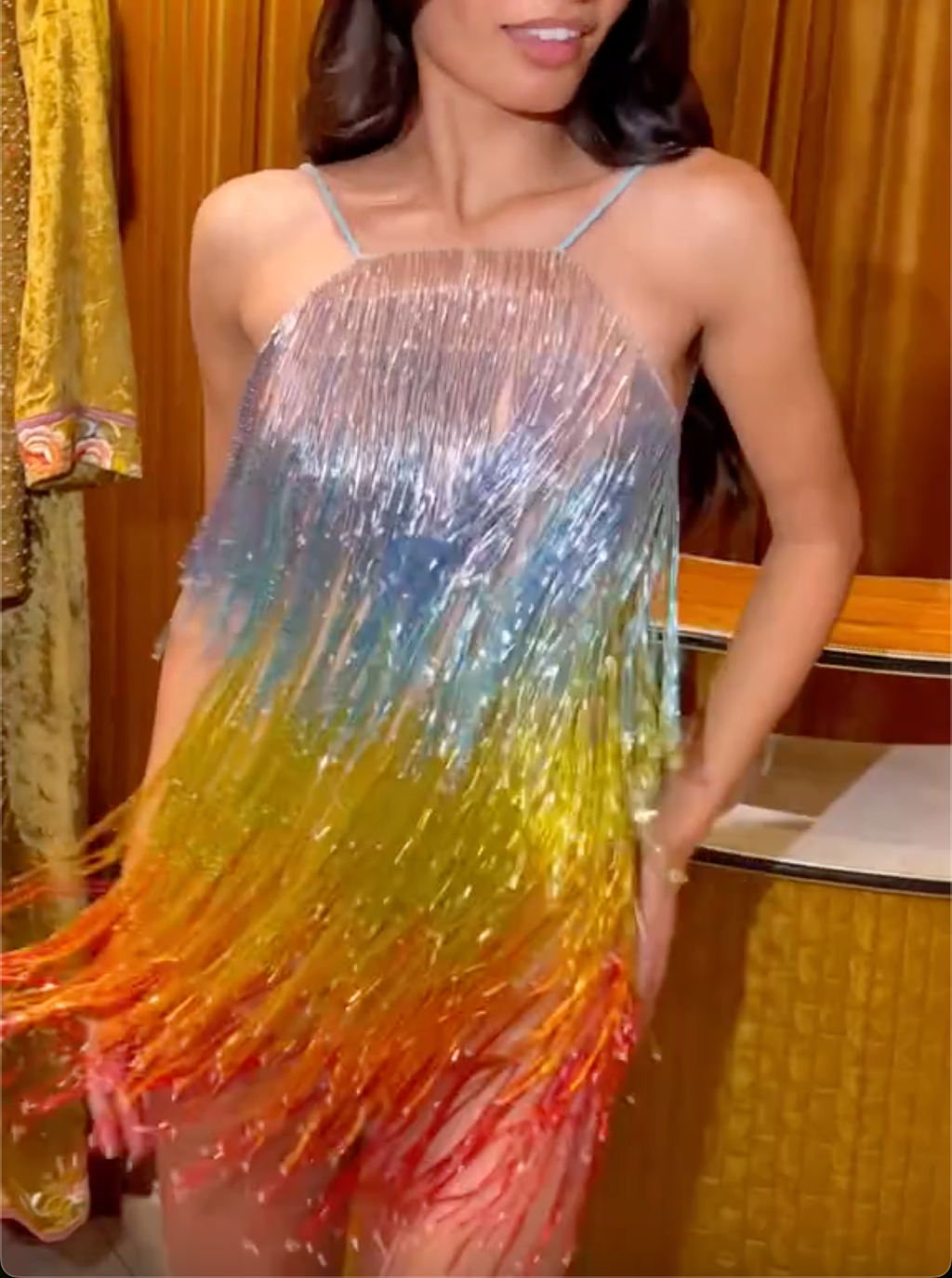 Rainbow Ombre Metallic Fringe Halter Mini Dress
