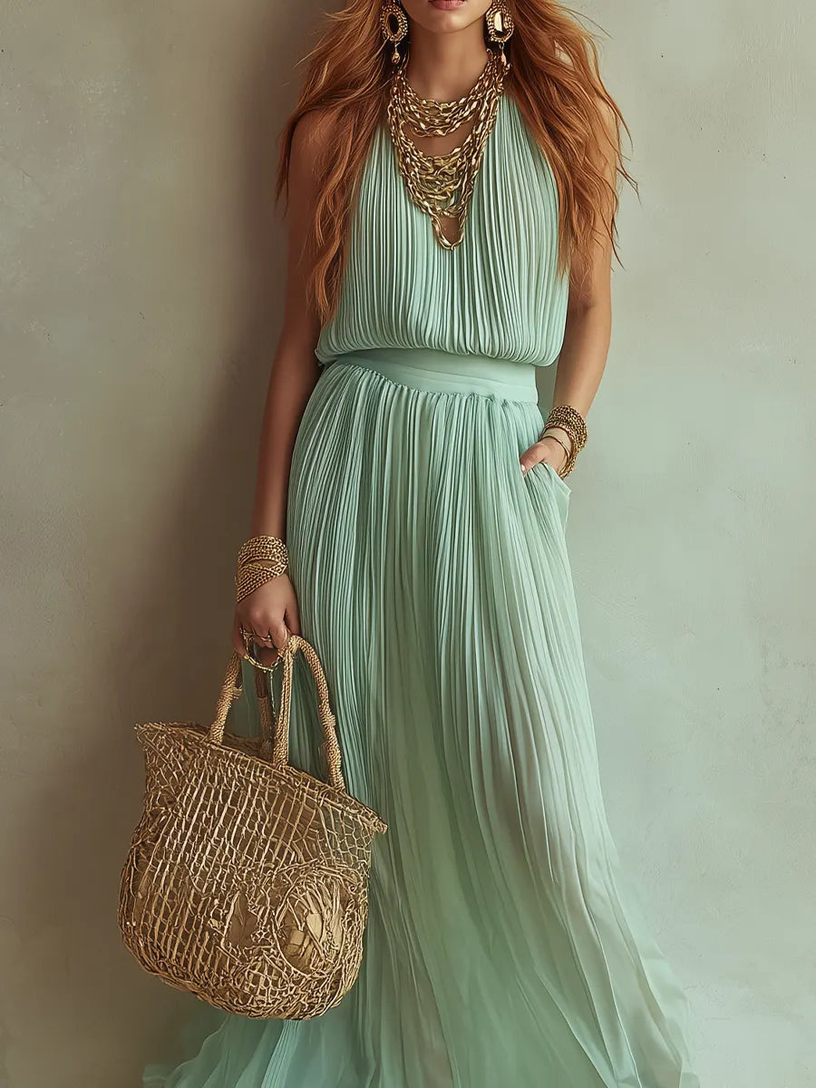 Romantic And Light Chiffon Mint Green Pleated Maxi Dress