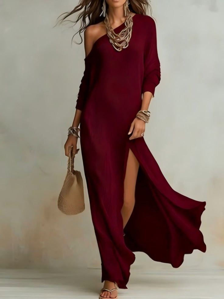 Women's Off-the-Shoulder Waffle Knit Maxi Dress - Elegant High-Slit Beach Vacation Dress