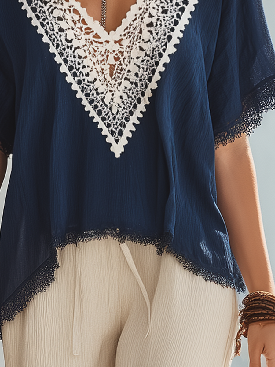 Refined Navy Lace V-Neck Blouse