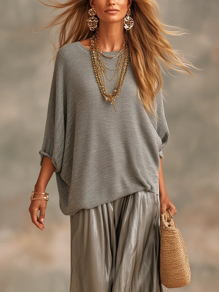 Charcoal Gray Knit Top And Glossy Wide-leg Pants Suit