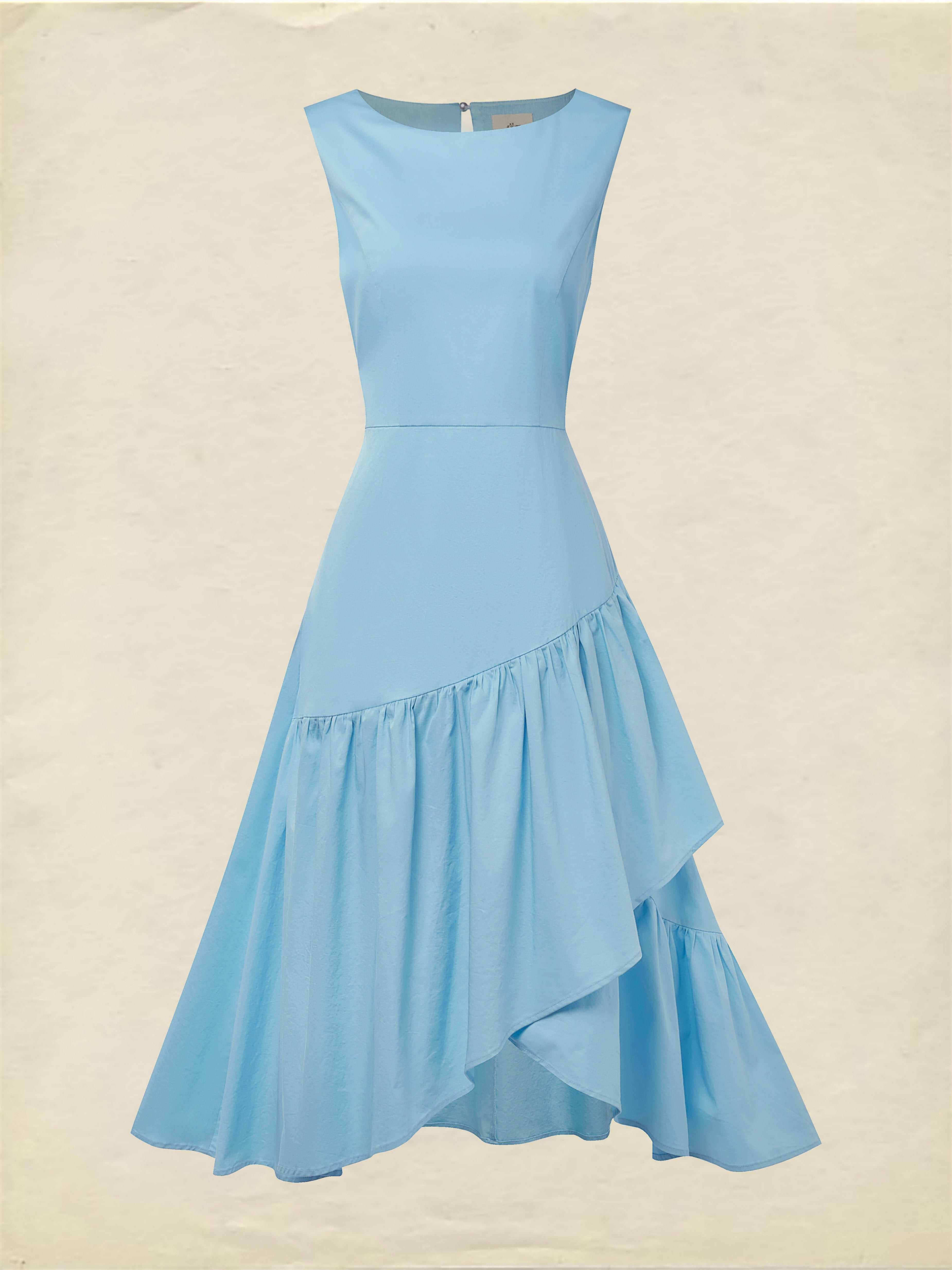 Maxi Cotton Dress , Sleeveless, Round Neck, Plain, Ruffles, French Vintage, Blue