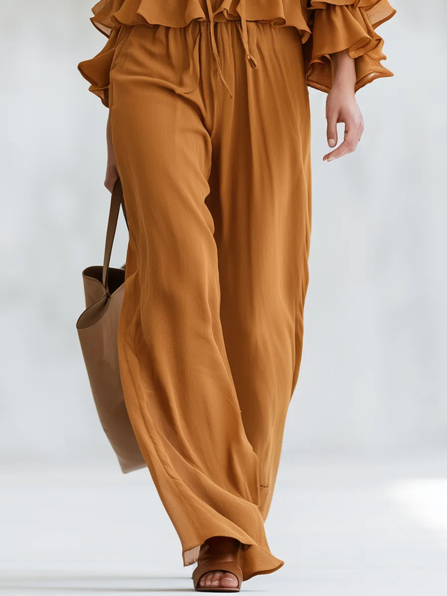 Elegant Orange Lace-Up Ruffle Blouse & Pants Set