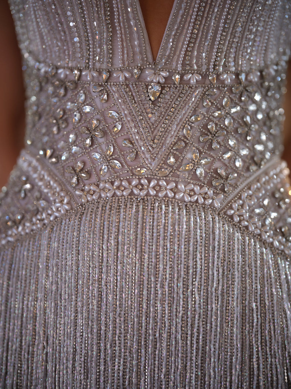 Silver Beaded Halter Mini Dress with Fringe Hem & Deep V Neck