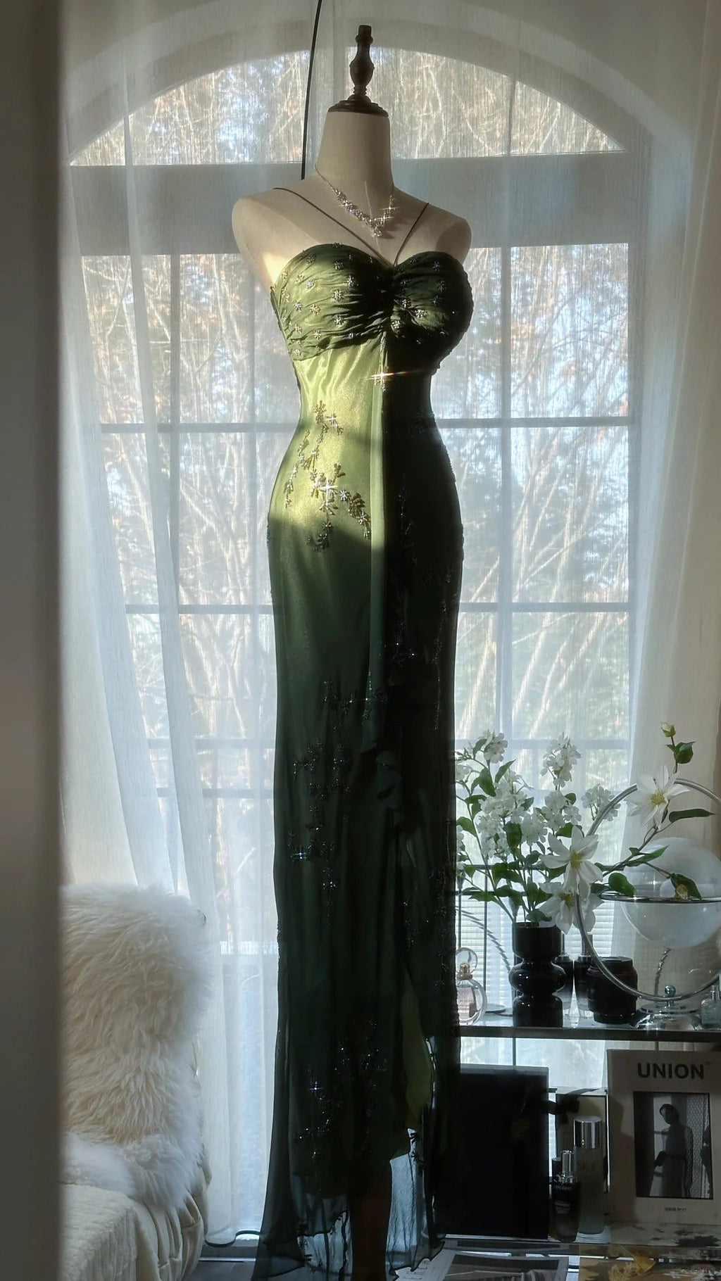 Green Elegant Fashion Exquisite Beaded Strapless Long Chiffon Ball Gown Evening Dress Birthday/Holiday Party Dress Prom Dress 4066
