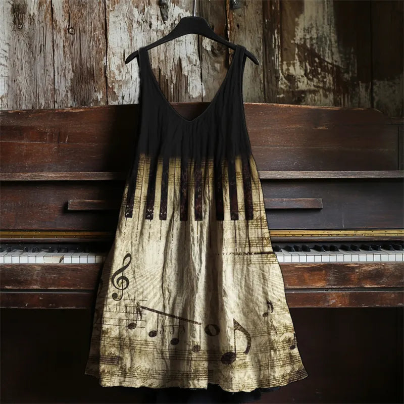 Vintage Music Notes Piano Keys Contrast Linen Dress 7fe3