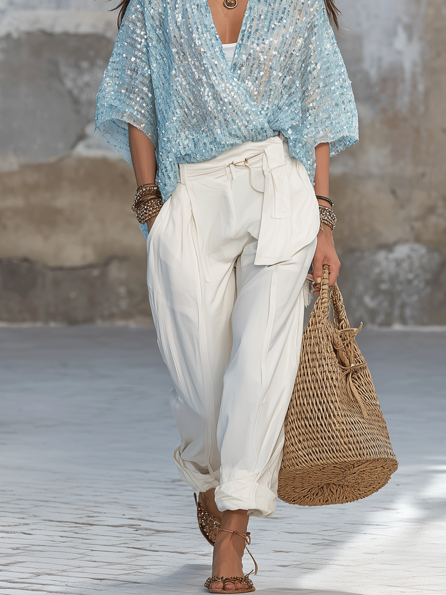 Chic Boho Light Blue Sequin Top With Relaxed White Tie-Waist Pants