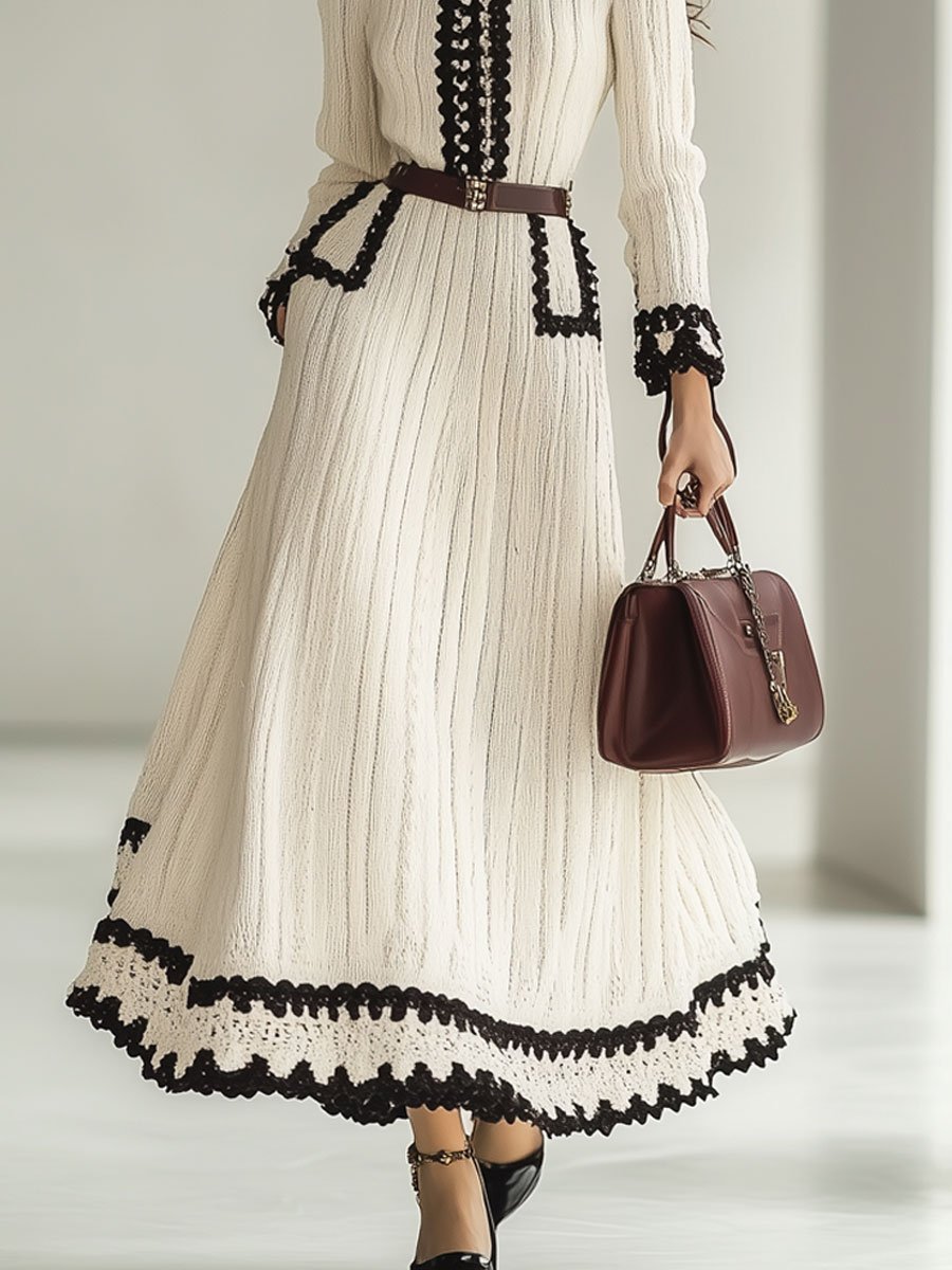 [24-hour shipping out]Fashion Retro Knitted Colorblock Long Sleeve Maxi Dress