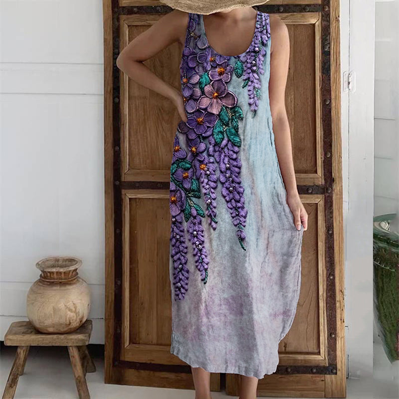 Romantic Purple Floral Embroidered Linen Blend Dress