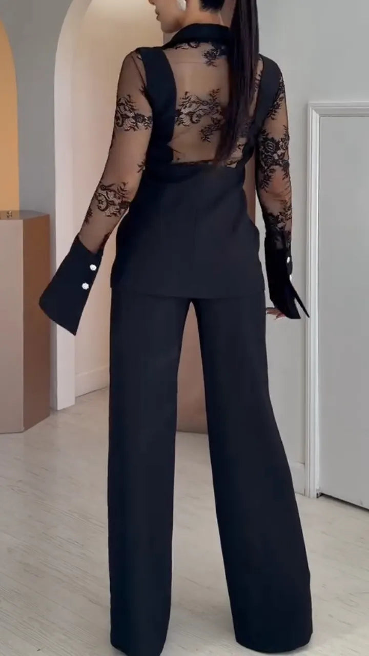 Lace‑Insert Blazer & Cutout Wide Leg Pants Co‑Ord Set