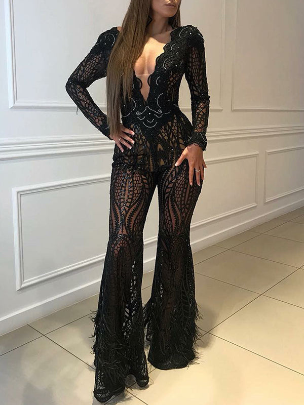 Sexy Deep V-Neck Batwing Sleeve Empire Lace See-Through Jumpsuit