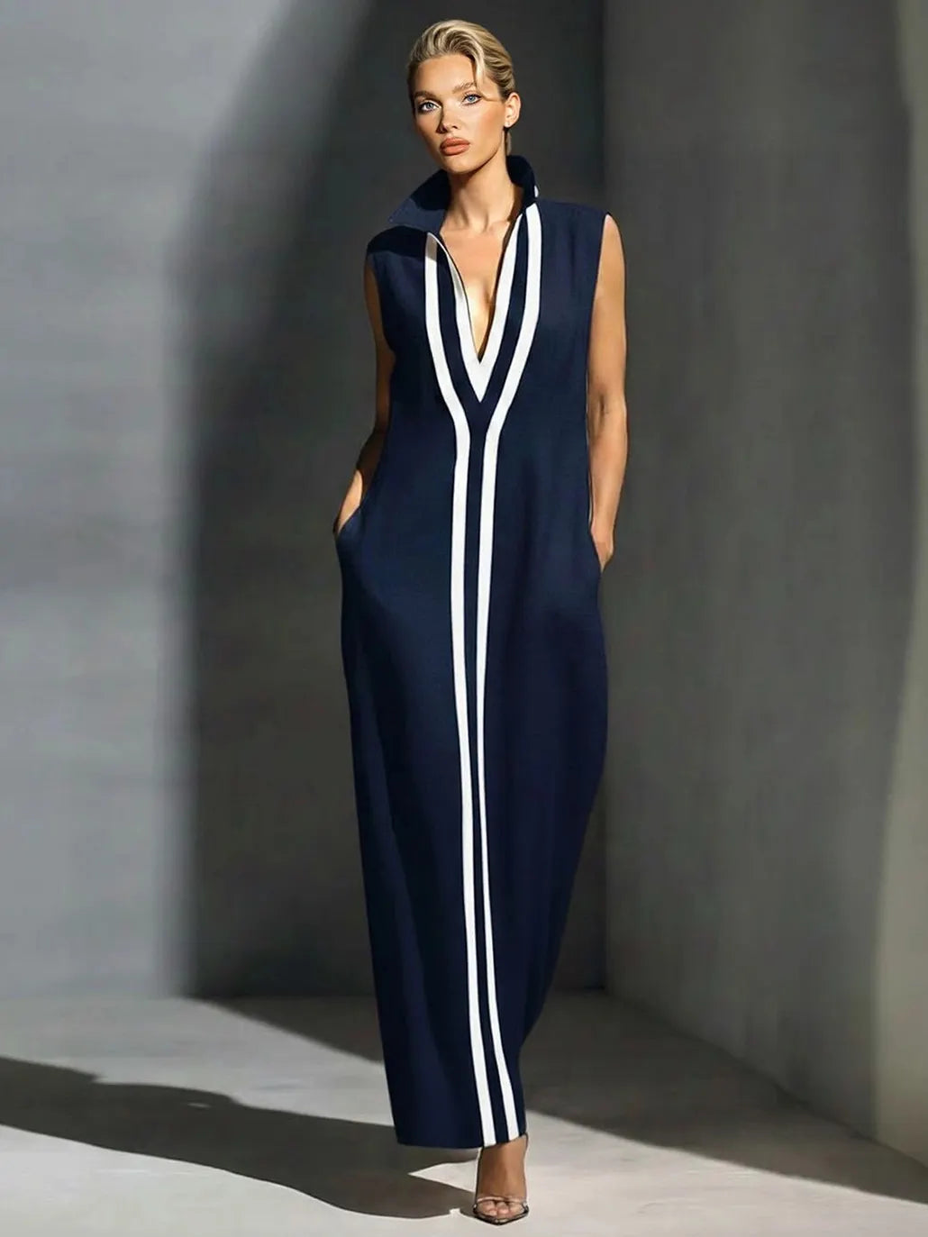 Minimalist Contrast Stripe Maxi Dress - Elegant V-Neck Sleeveless Gown with Pockets