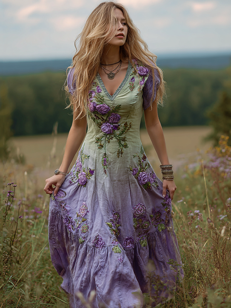 Women's Bohemian Floral Art Gradient Linen Maxi Dress