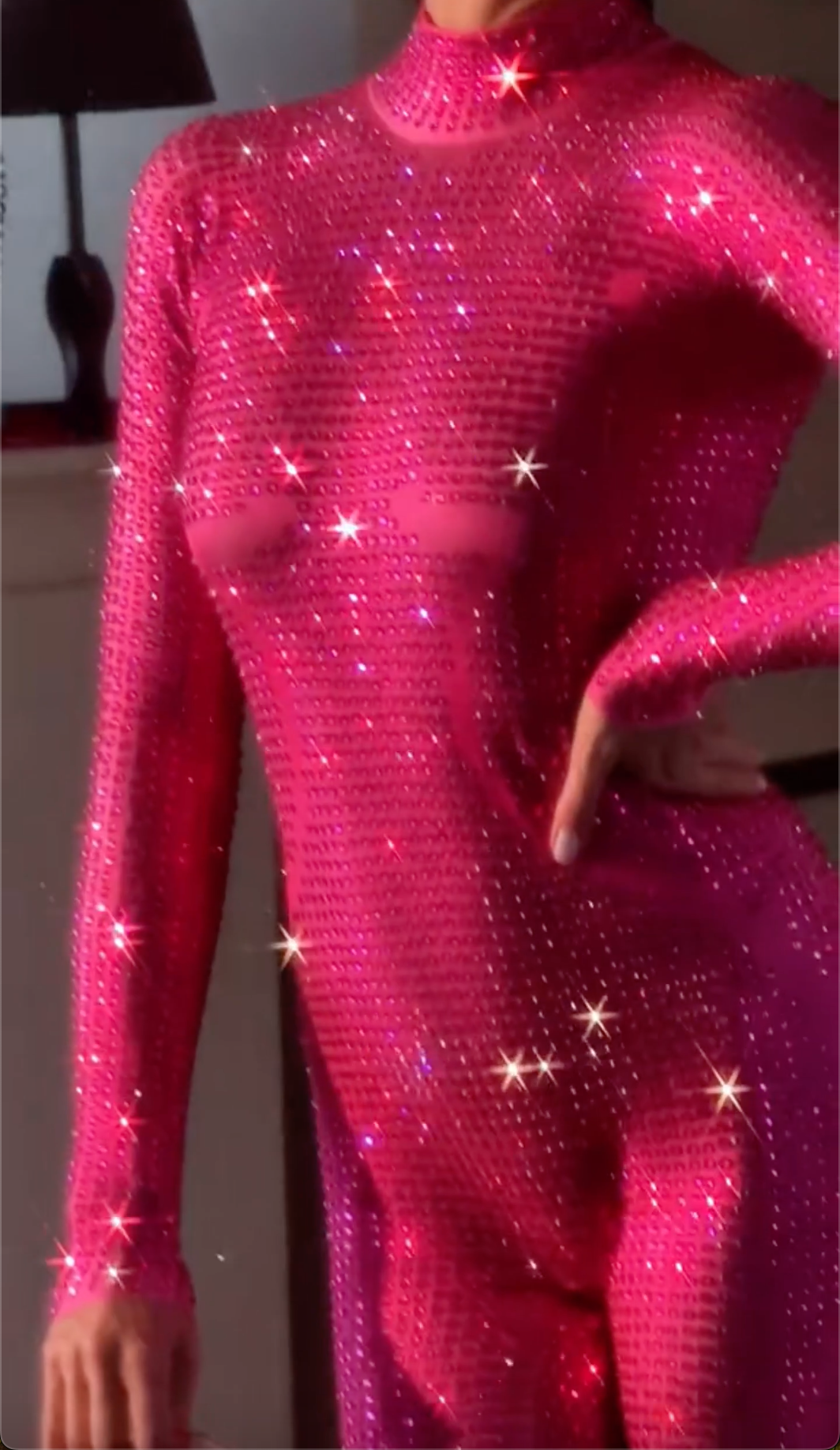 Sexy Hot Pink Sheer Rhinestone Jumpsuit