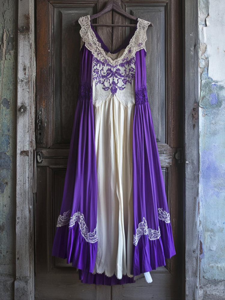 Boho Gradient Lavender Embroidered Pattern Lace Linen Dress