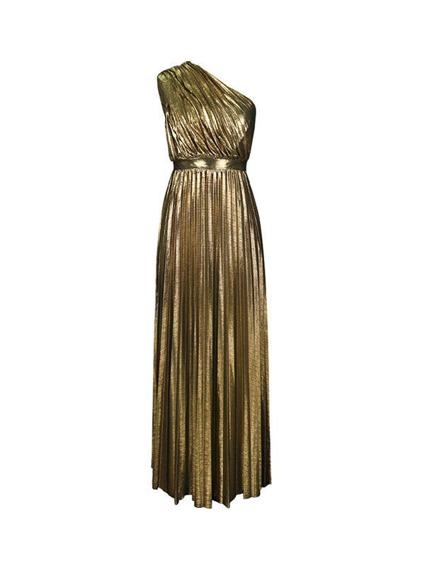 Asymmetric Pleated Shiny Solid Color High Waisted Loose One-shoulder Maxi Dresses