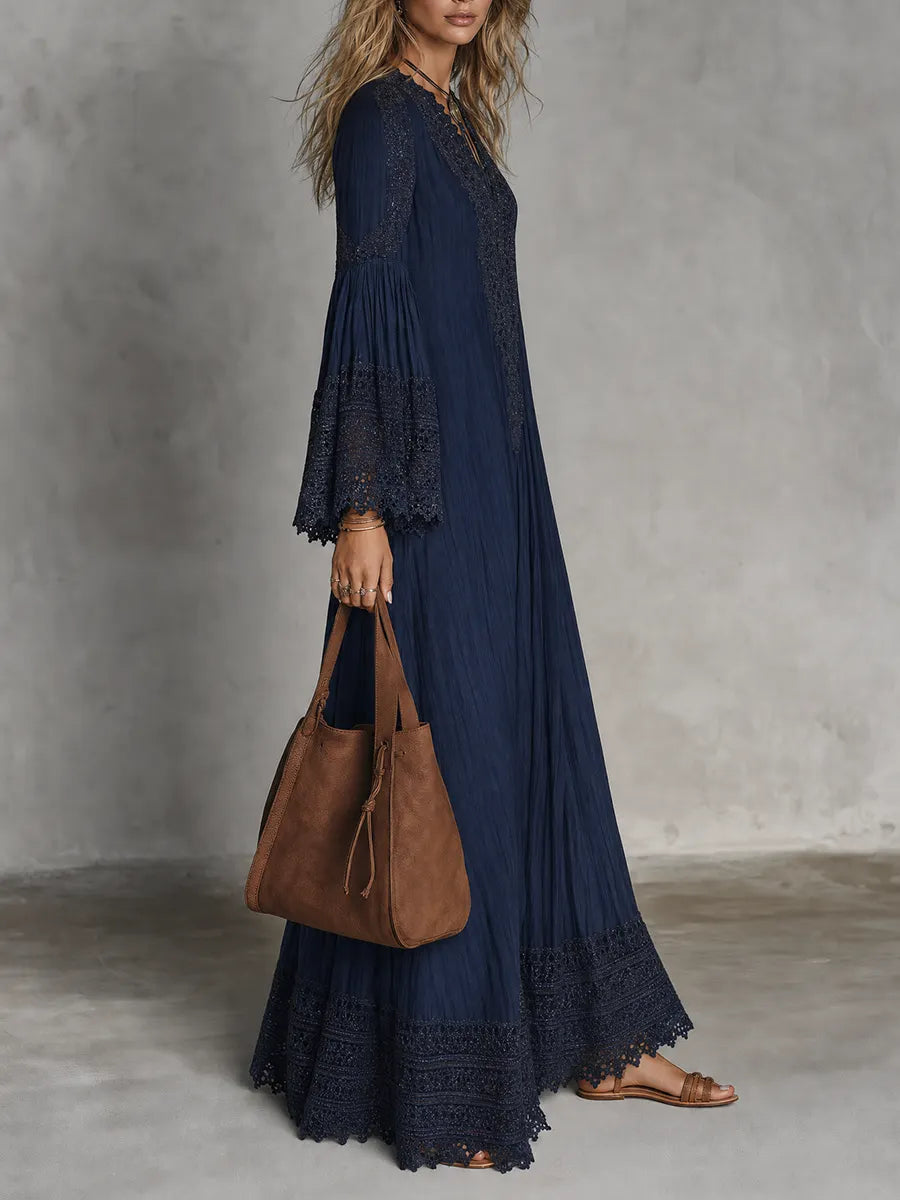 Bohemian Lace Trim Bell Sleeve Maxi Dress