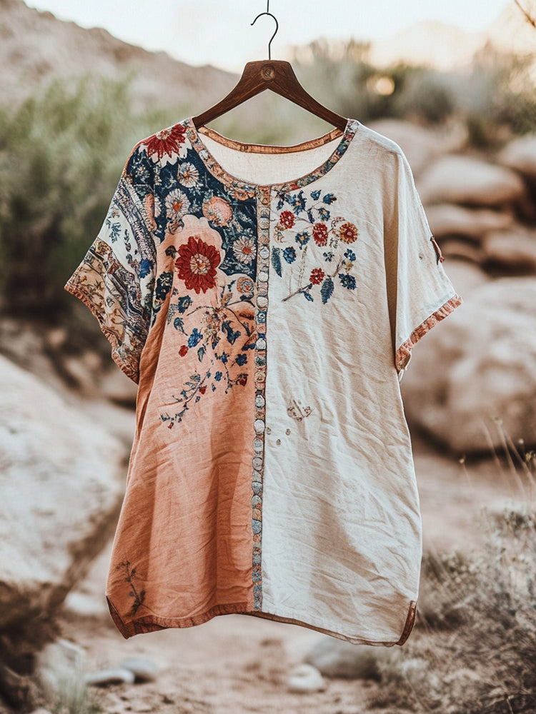 Women's Vintage Tribal Floral Stitching Cotton And Linen Shirt 473e