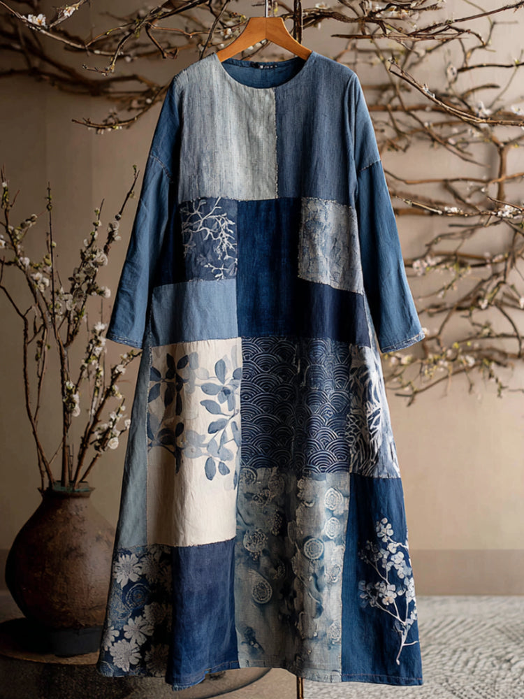 Japanese Style Plant Printed Patchwork Retro Tie-dyed Round Neck Dress