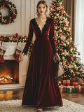 Fashion Retro V-neck Lace Splicing Long Sleeve Maxi Dress