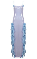 Flower Ruffle Detail Sequin Maxi Dress Silver Blue