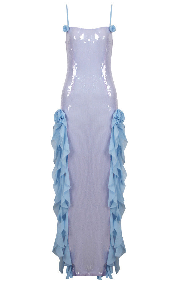 Flower Ruffle Detail Sequin Maxi Dress Silver Blue