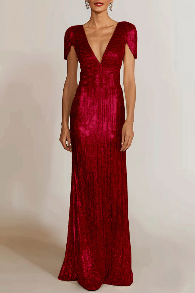Formal Evening Gold V-Neck Sequins Maxi Dress