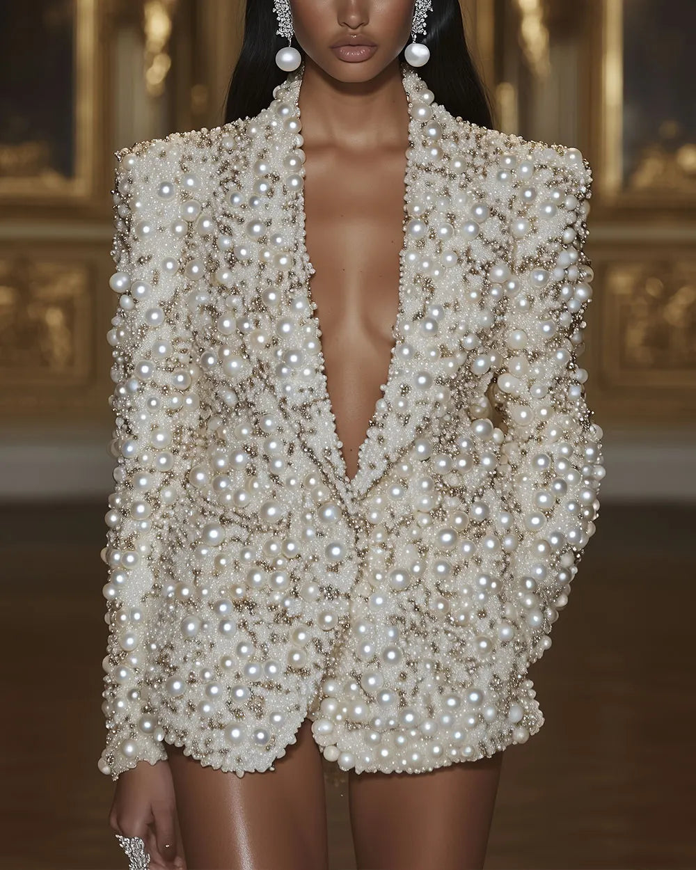 Fashion Sexy Pearl Sequin Long Sleeve Blazer Dress