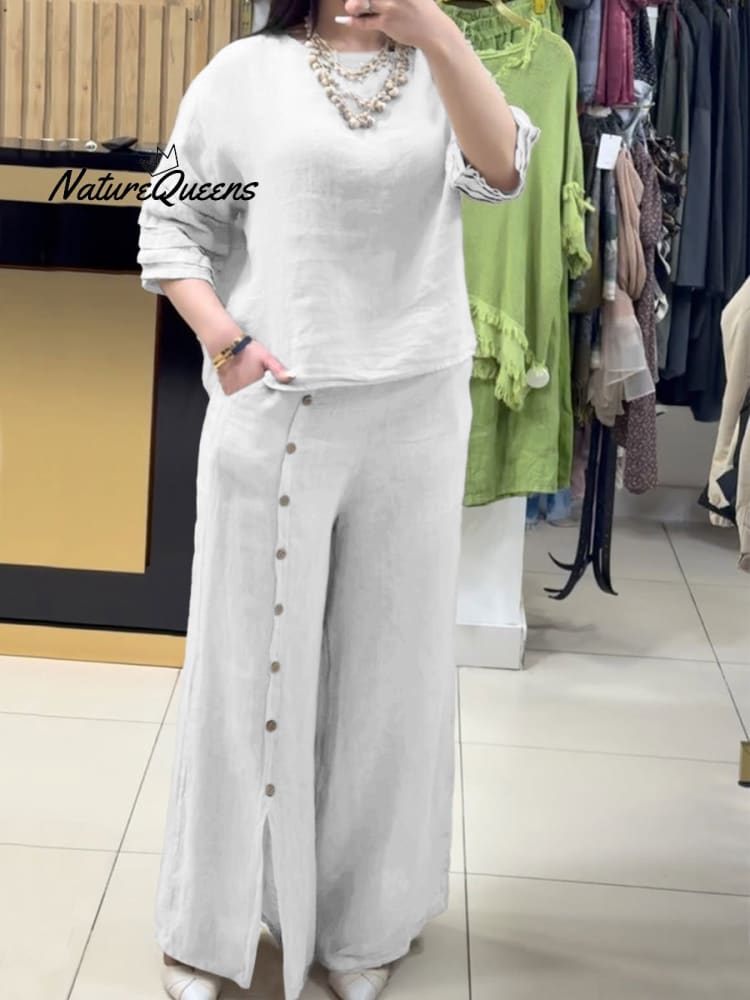 Women's Cotton And Linen Casual Shirt and Pants Suit
