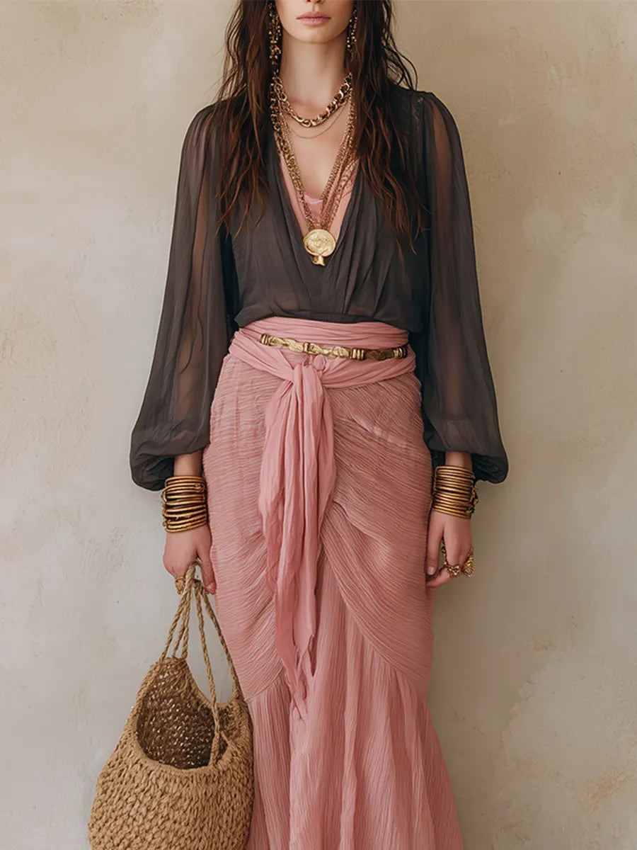 Boho Luxe Ensemble A Sheer, Deep-V Top Paired With A Flowy Pink Maxi Skirt