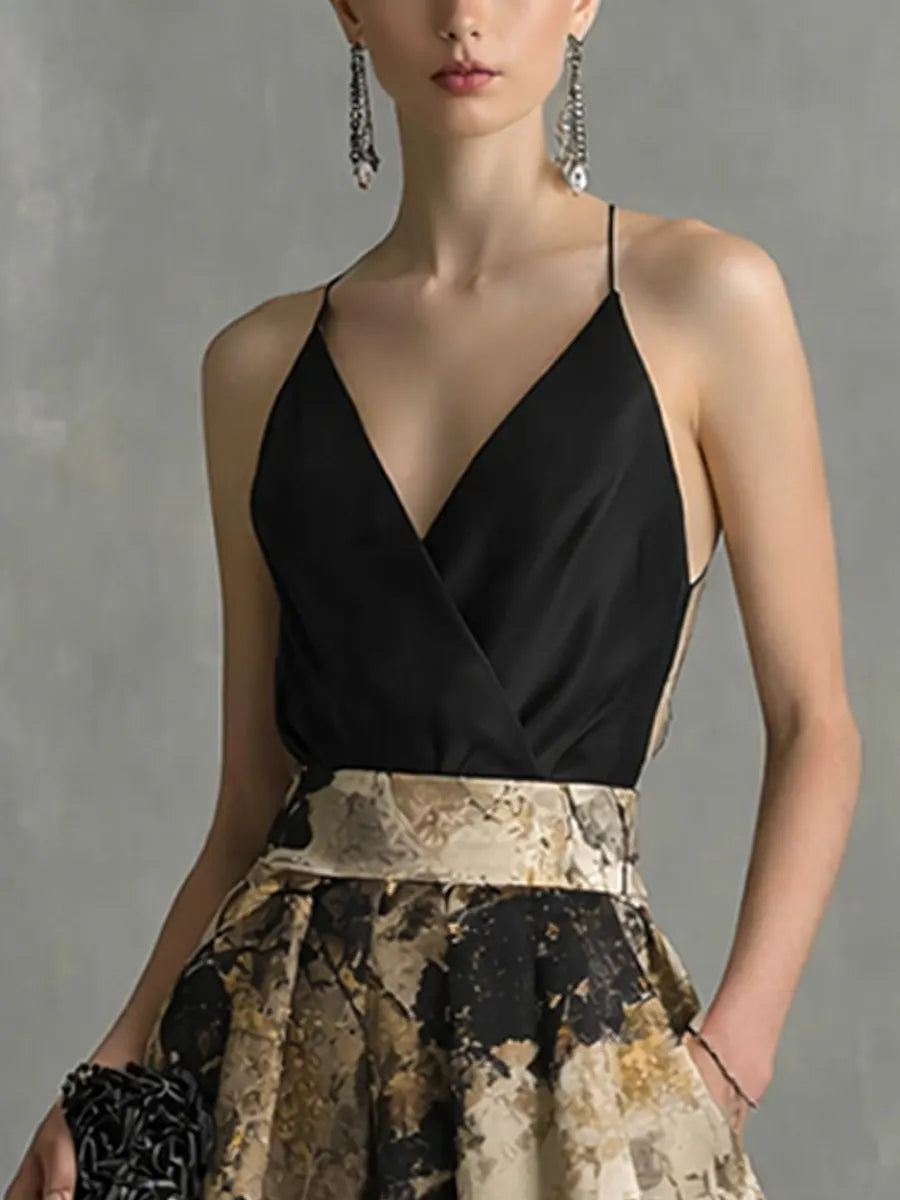 Women's Elegant Black And Beige Abstract Print V-Neck Spaghetti Strap Maxi Dress MDZ1483B2BA