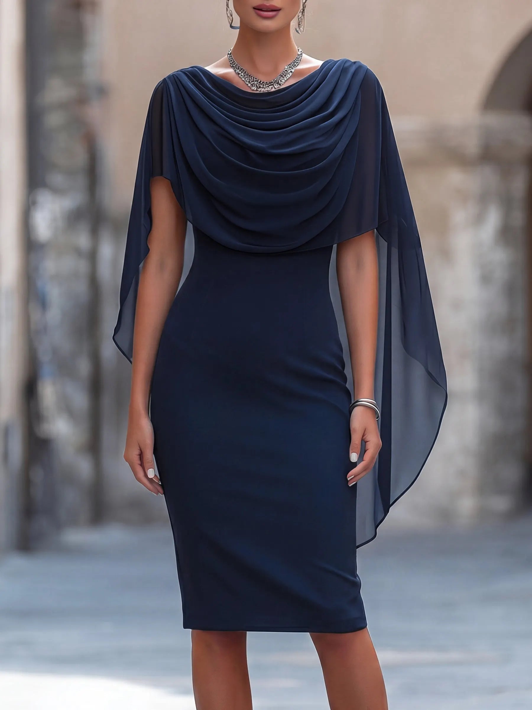 Draped Chiffon Cape Overlay Pencil Midi Dress